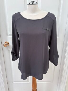 Women's Dark Gray Scoop Neck Blouse with Button-Tab Detail
